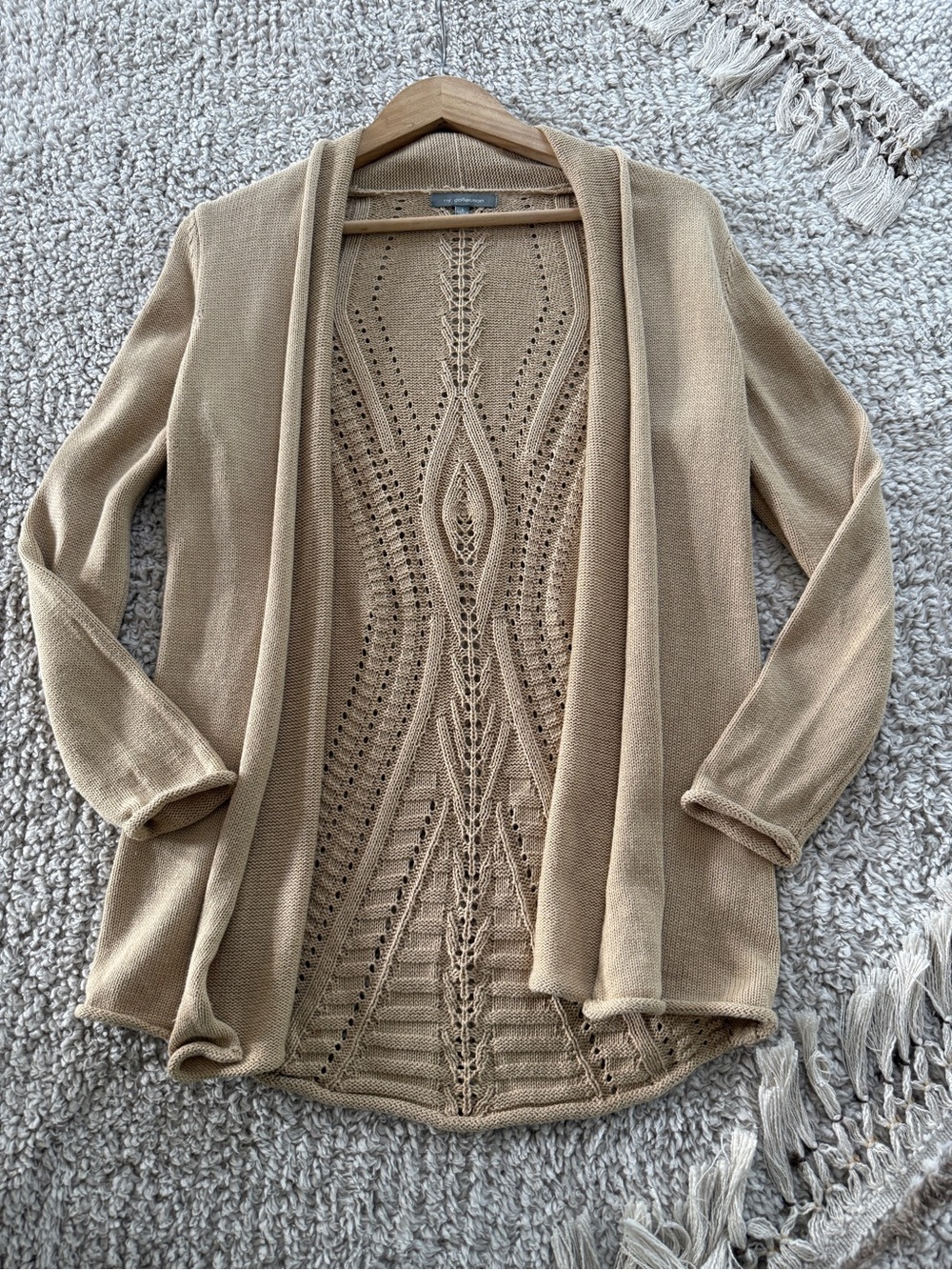 NY Collection Women’s S Tan Open Front Cardigan Pointelle Crochet Knit Sweater